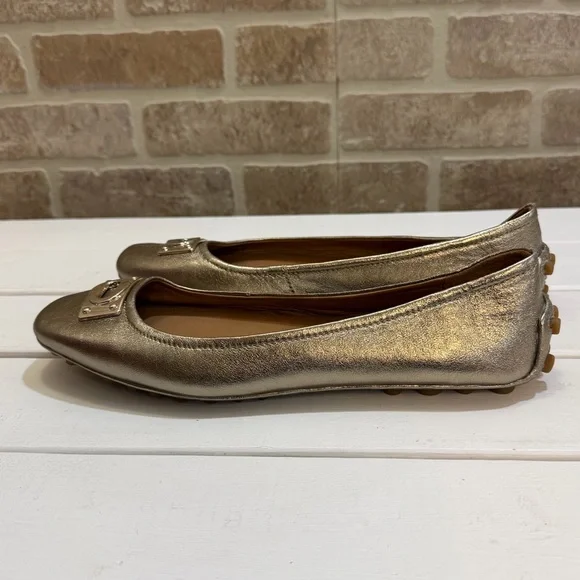 Coach Vernon Ballet Flats Gold Metallic Leather Size 9 Signature Logo Plate - Picture 3 of 9